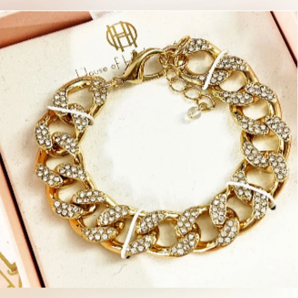 NEW House of Harlow 1960 Pave Glass Stones Crystal & Gold Link Chain Bracelet - Picture 2 of 6